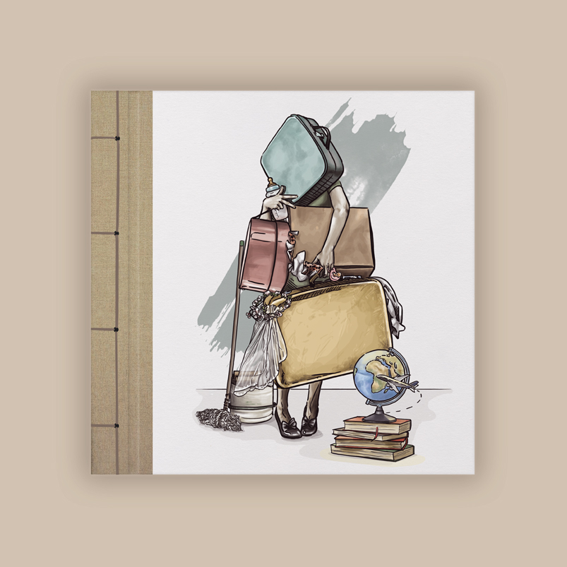 En la imagen se ve la foto del producto que se vende en esta página, es un álbum para rellenar con fotos y experiencias personales. Su portada tiene una ilustración donde se intuye a una mujer que sujeta muchas maletas, quiere viajar, pero también muchas cargas familiares y de cuidados, por ello se ve un chupete y una fregona. al lado de ella hay unos libros apilados con un globo terráqueo encima