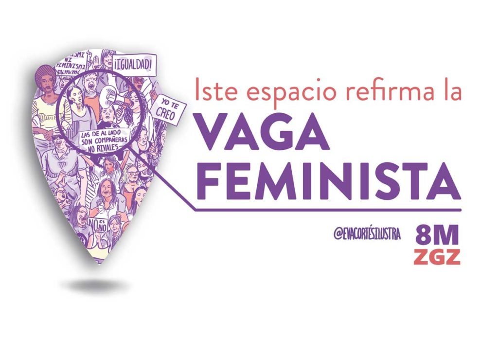 Cartel: "este espacio apoya la huelga feminista del 2019" en aragonés. Es decir pone: Iste espacio refirma la vaga feminista"