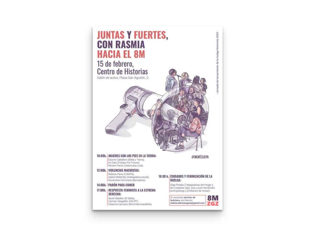 Cartel 8M Aragón 2020, Jornadas "Juntas y fuertes, con rasmia hacia el 8M" diseñado e ilustrado Eva Cortés Ilustra