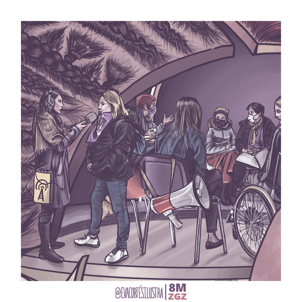 Cartel ilustrado del 8M Zaragoza 2022 con composición de mujeres, manifestaciones feministas y el lema “Con todas y a por todas, nadie nos silencia”