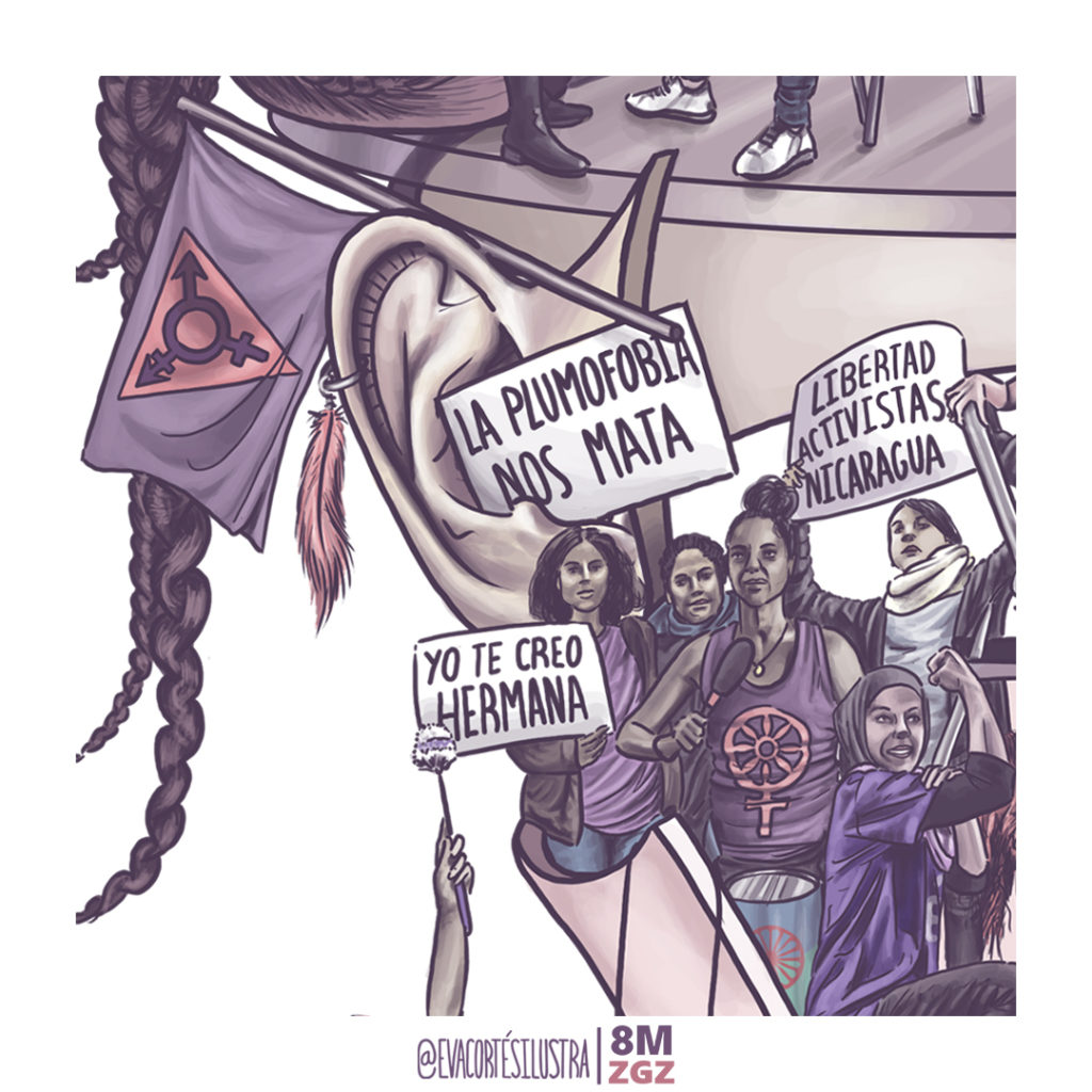 Cartel ilustrado del 8M Zaragoza 2022 con composición de mujeres, manifestaciones feministas y el lema “Con todas y a por todas, nadie nos silencia”