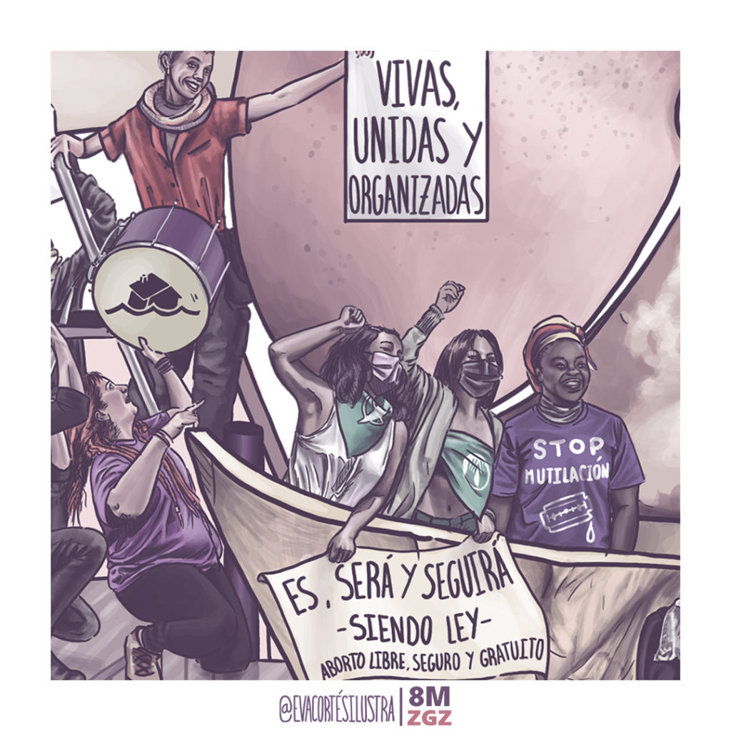 Cartel ilustrado del 8M Zaragoza 2022 con composición de mujeres, manifestaciones feministas y el lema “Con todas y a por todas, nadie nos silencia”