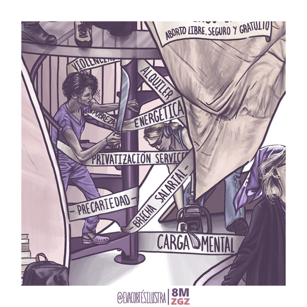 Cartel ilustrado del 8M Zaragoza 2022 con composición de mujeres, manifestaciones feministas y el lema “Con todas y a por todas, nadie nos silencia”