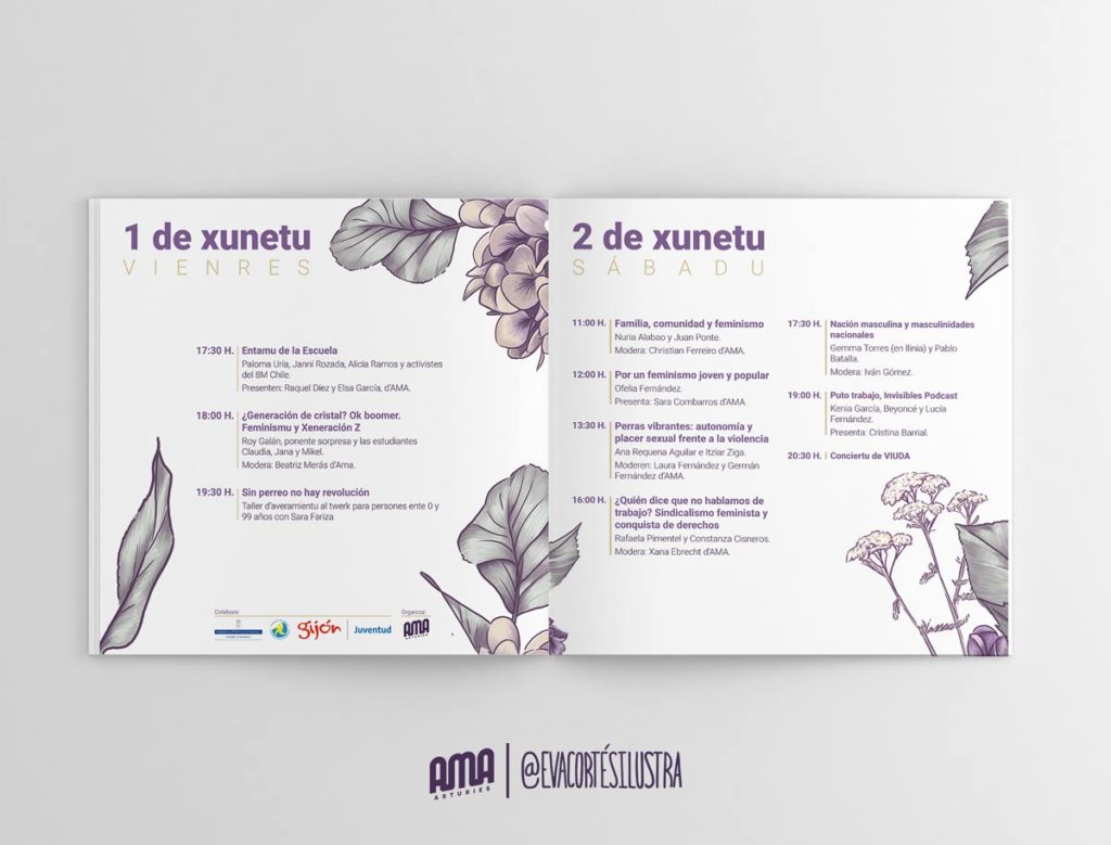 libreto de la III Escuela Feminista de AMA Asturies, diseñado, maquetado e ilustrado por Eva Cortés