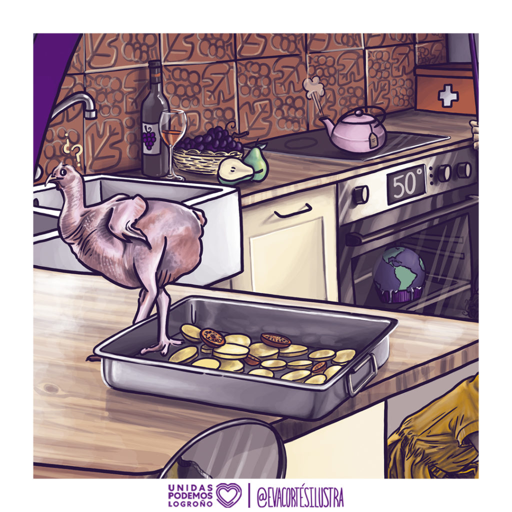 Ilustración de Eva Cortés con un pollo crudo confuso sobre una bandeja en una cocina, junto a frutas, vino y un horno marcando 50 grados, creada para la campaña ambiental “Cuida la tierra, es tu casa” de Unidas Podemos Logroño.