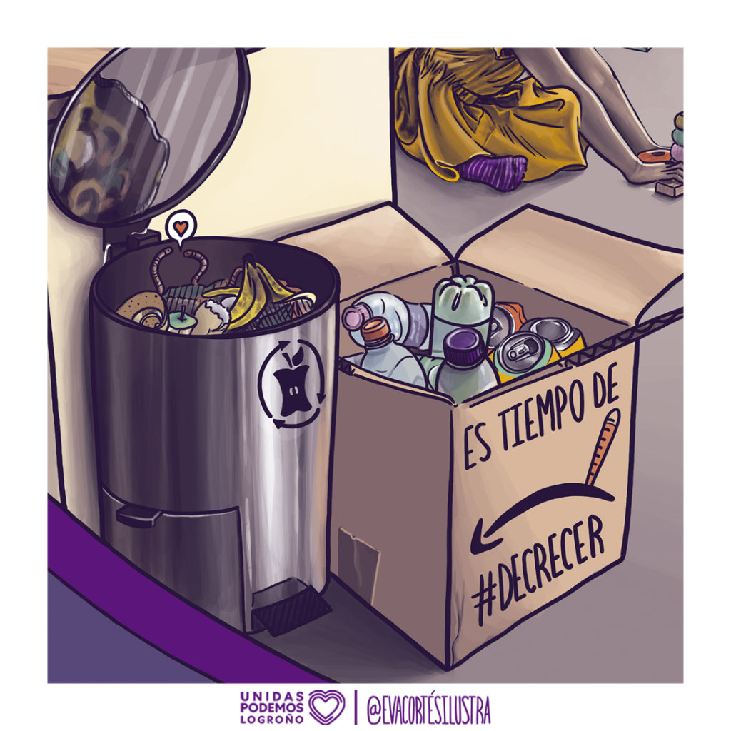 Ilustración de Eva Cortés con unos contenedores de basura de una cocina donde se observa la basura orgánica, y por otro lado una caja con el símbolo de amazon al revés con un termómetro donde pone "es tiempo de decrecer", creada para la campaña ambiental “Cuida la tierra, es tu casa” de Unidas Podemos Logroño.