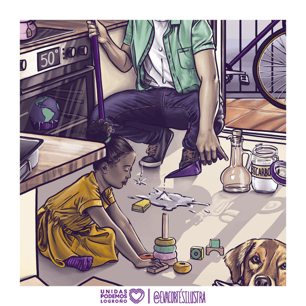Ilustración de Eva Cortés con una niña jugando con juguetes de madera en el suelo d euna cocina, un horno con el planeta tierra asándose y un padre limpiando con vinagre y bicarbonato, creada para la campaña ambiental “Cuida la tierra, es tu casa” de Unidas Podemos Logroño.