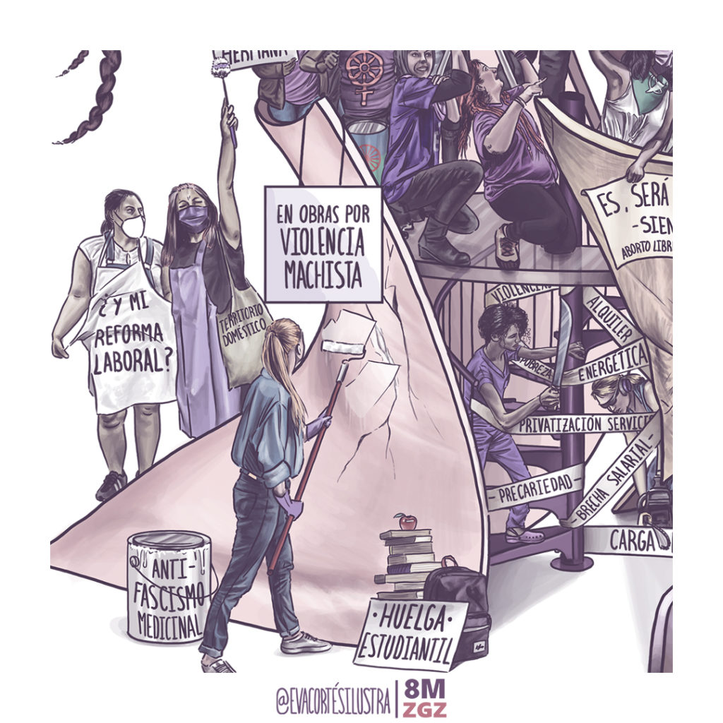 Cartel ilustrado del 8M Zaragoza 2022 con composición de mujeres, manifestaciones feministas y el lema “Con todas y a por todas, nadie nos silencia”