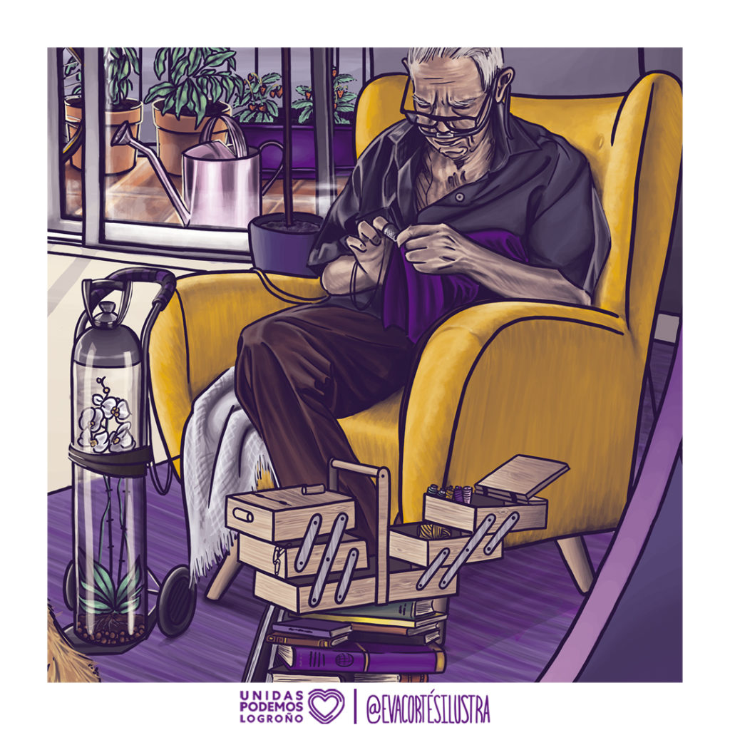 Ilustración de Eva Cortés donde se observa a una persona mayor reparando ropa con su costurero al lado y una bombona de oxigeno que tiene una planta dentro.