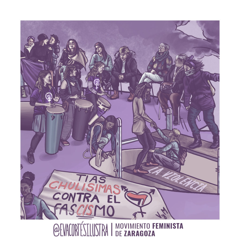 Cartel de las movilizaciones del 8 de marzo del 2023 en Zaragoza, diseñado e ilustrado por Eva Cortés.