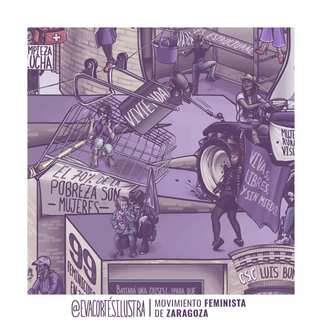 Cartel de las movilizaciones del 8 de marzo del 2023 en Zaragoza, diseñado e ilustrado por Eva Cortés.