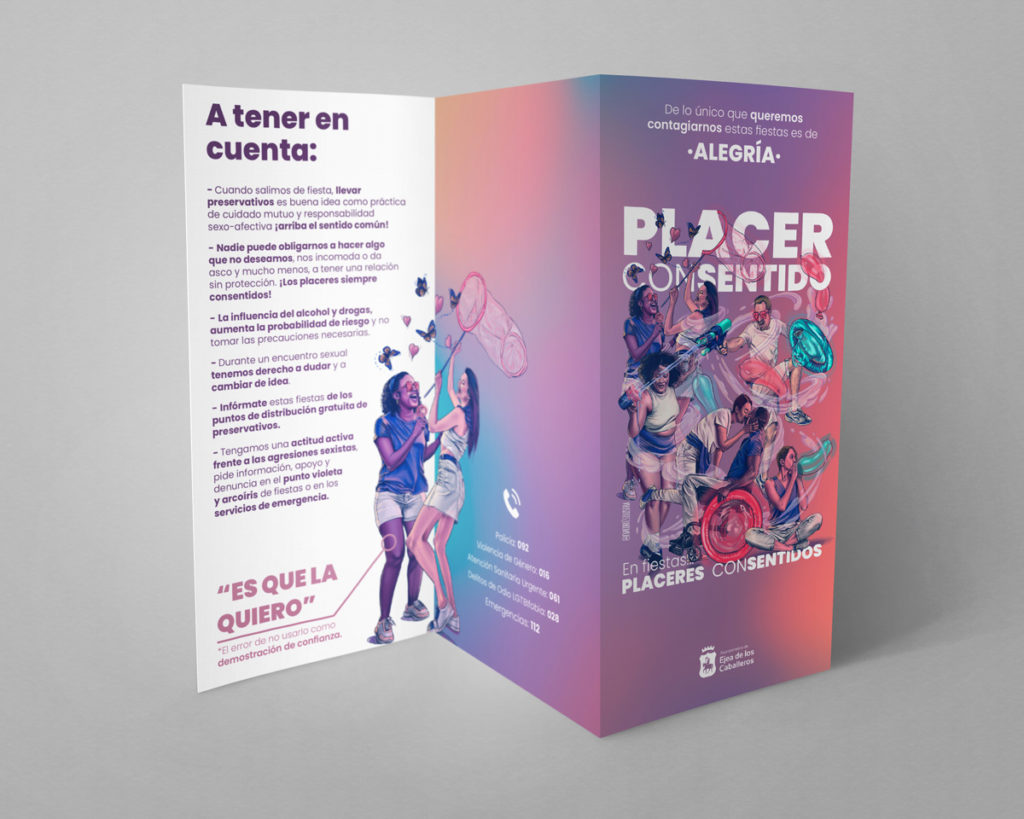 En la imagen se ve una foto del tríptico informativo desplegado, de pie, abierto por la parte trasera, donde se ve el bloque de recomendaciones y tips sobre educación sexual y afectiva. En el folleto se observa el diseño y las ilustraciones de Eva Cortés Ilustra.