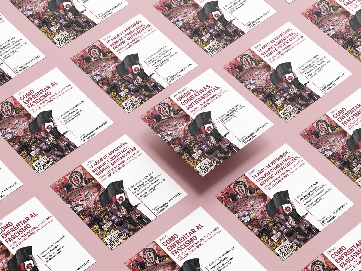 Carteles de la manifestación antifascista del 20 de noviembre de 2022 en Zaragoza, junto a charlas y otras programaciones sobre la misma causa, diseñado e ilustrado por Eva Cortés.