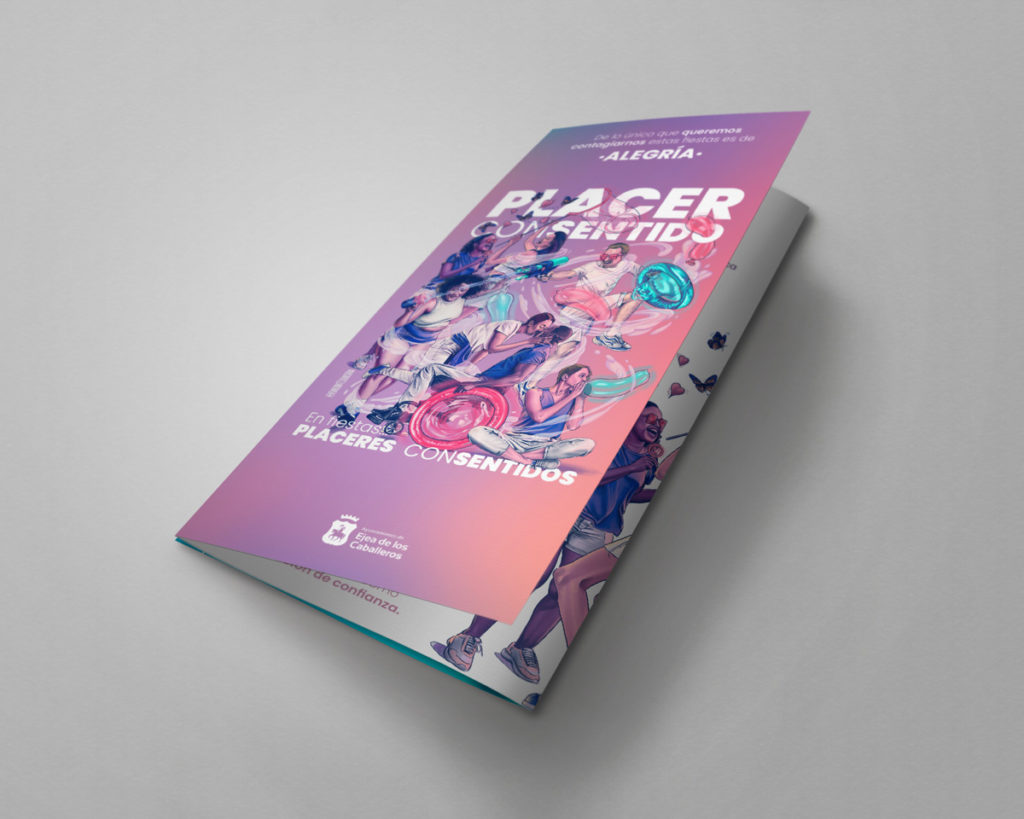 En la imagen se ve una foto del tríptico informativo cerrado, donde se ve principalmente su portada. En el folleto se observa el diseño y las ilustraciones de Eva Cortés Ilustra.