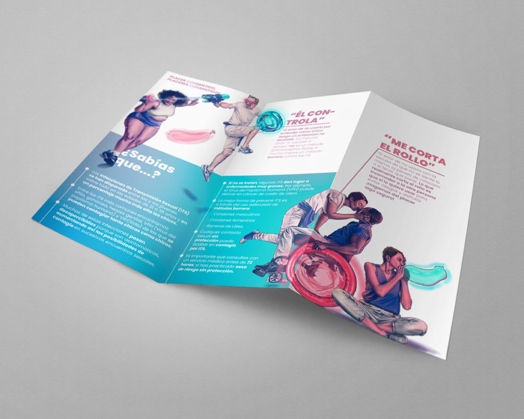 En la imagen se ve una foto del tríptico informativo desplegado, abierto por dentro, donde se ve el bloque de información sobre educación sexual y afectiva del servicio de igualdad del ayuntamiento de Ejea de los Caballeros. En el folleto se observa el diseño y las ilustraciones de Eva Cortés Ilustra.