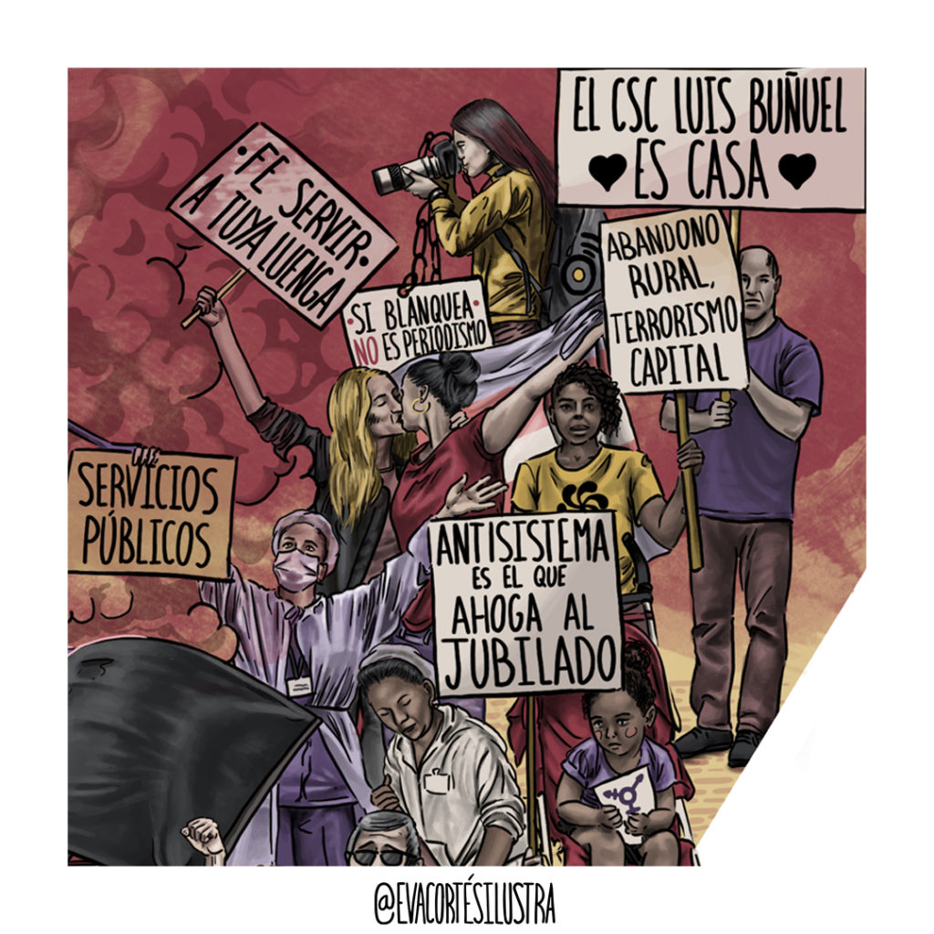 Ilustración del cartel de la manifestación antifascista del 20 de noviembre de 2022 en Zaragoza, diseñado e ilustrado por Eva Cortés.