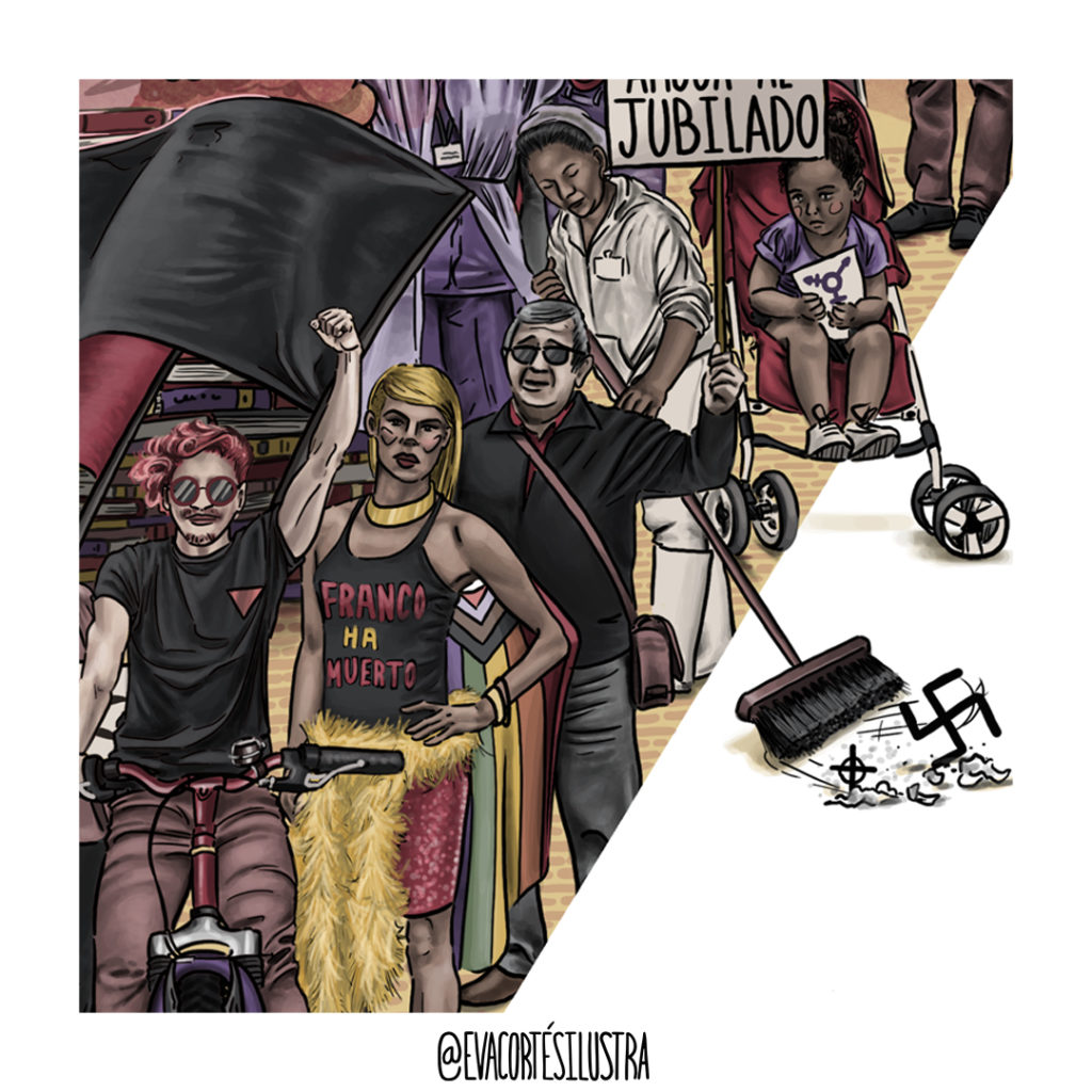 Ilustración del cartel de la manifestación antifascista del 20 de noviembre de 2022 en Zaragoza, diseñado e ilustrado por Eva Cortés.