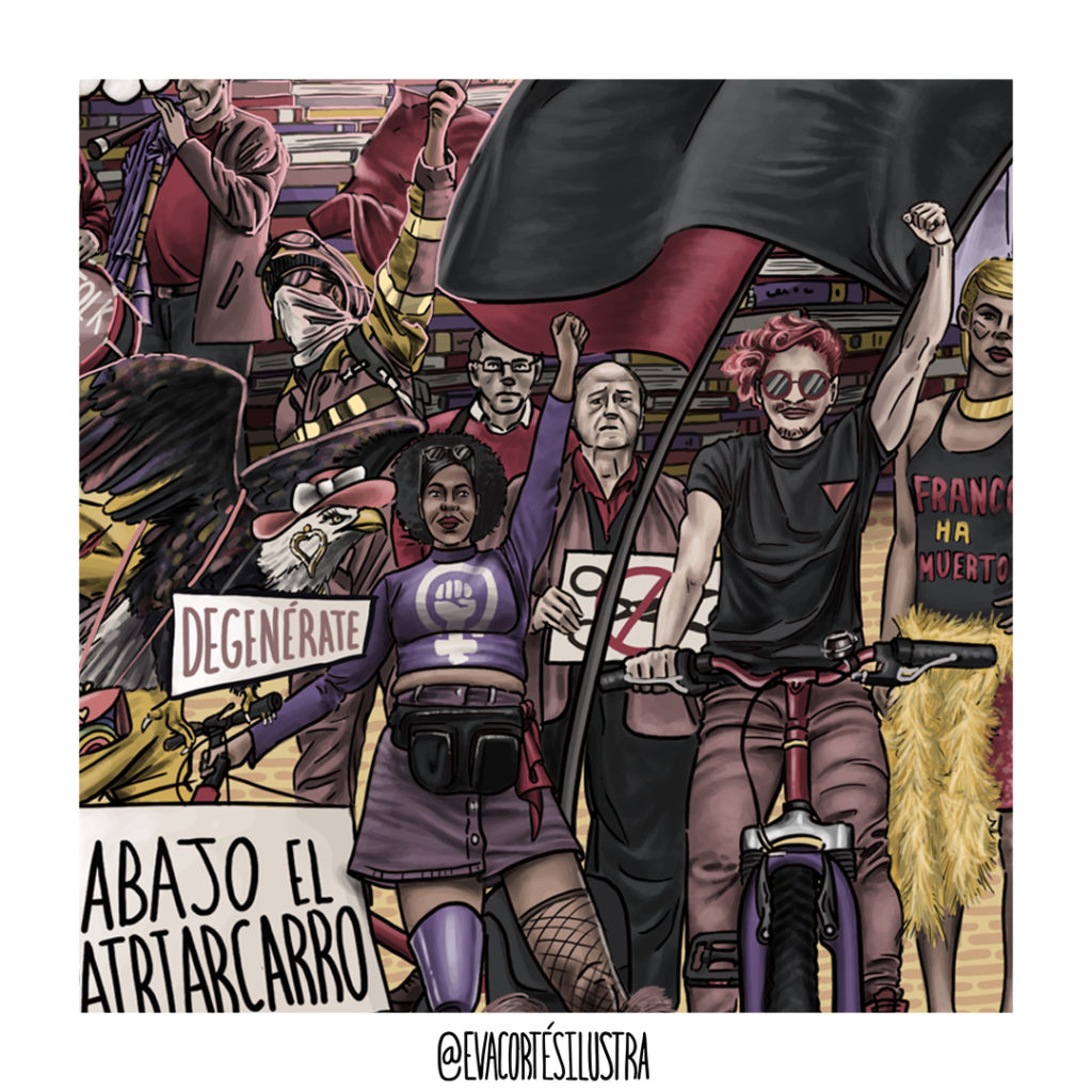 Ilustración del cartel de la manifestación antifascista del 20 de noviembre de 2022 en Zaragoza, diseñado e ilustrado por Eva Cortés.